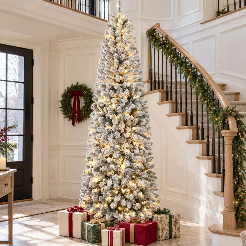 7ft Prelit Slim Pencil Flocked Artificial Christmas Tree-WarmWhite