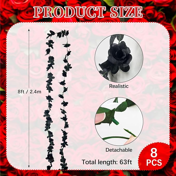8Pcs 63Ft Black Rose Garland, Fake Rose Hanging Flowers, Artificial Flower Vine, Hanging Floral Vine Garland for Wedding, Birthday Party, Wall Arch, Halloween, Christmas Garden Backdrop Decor