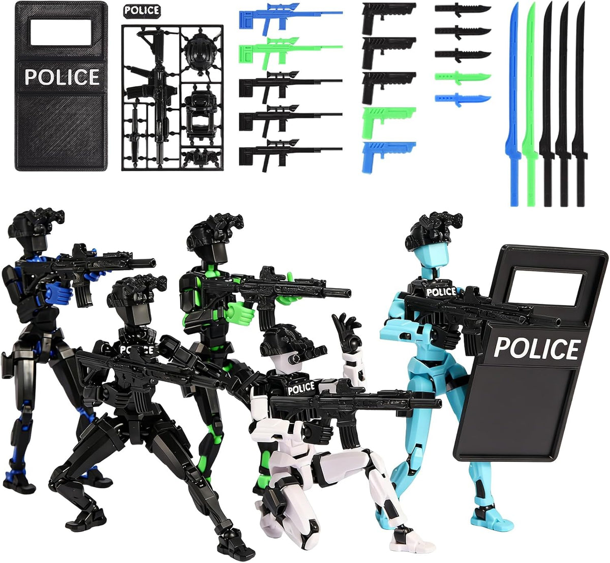 5PC 3D Printed Dummy 13 Police Shield Action Figure Set Poseable T13 Titans 13 3D Printer Movable Robot Action Figures that Fight T13 with Guns Assembly Complete Building Kit Collectible Model Set