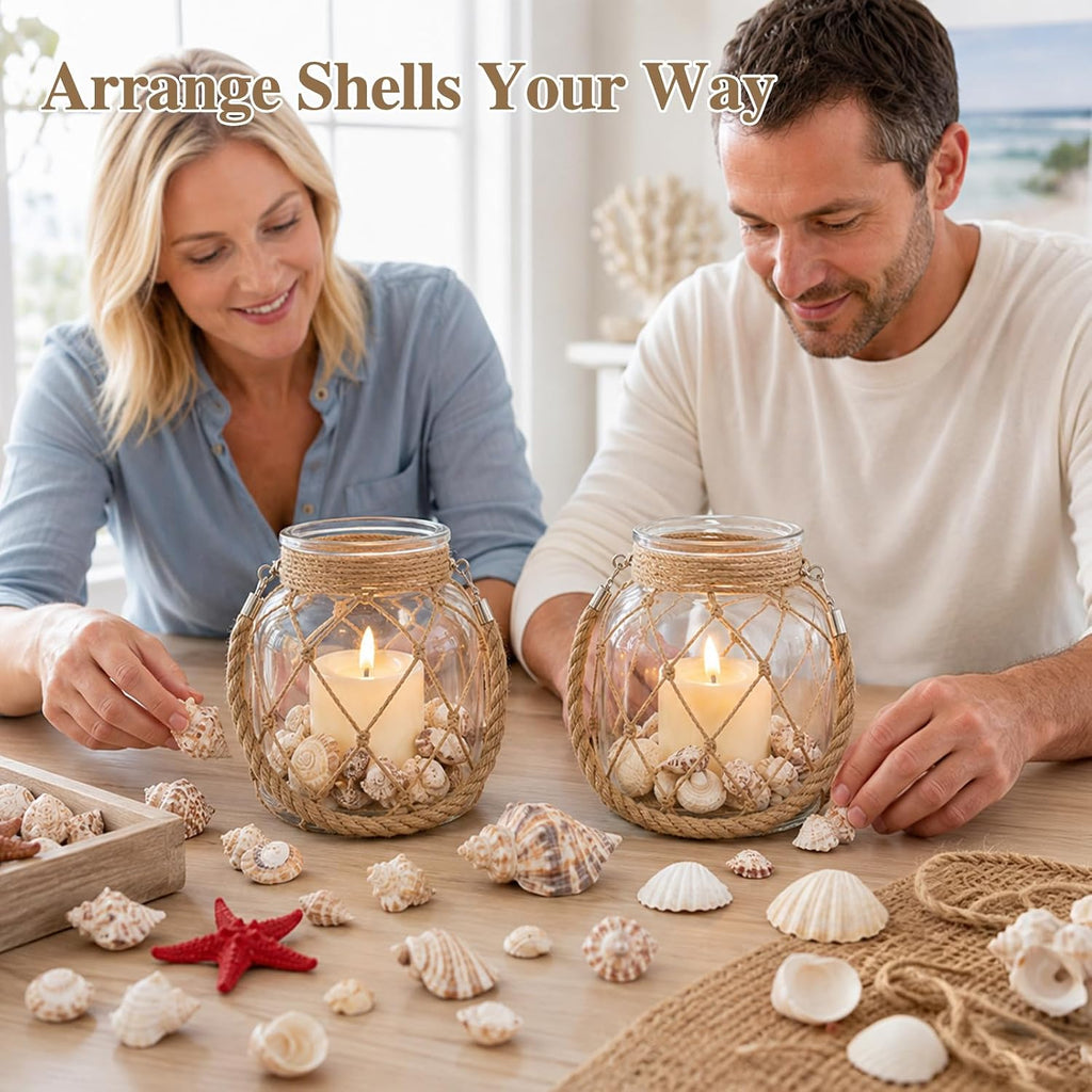 2 Set of Nautical Candle Lanterns, Clear Glass Jar Coastal Decor with Rope Handle, LED Candles, Shells, Red Sea Star for Beach House Decor, Bathroom Table Centerpiece, Wedding Party
