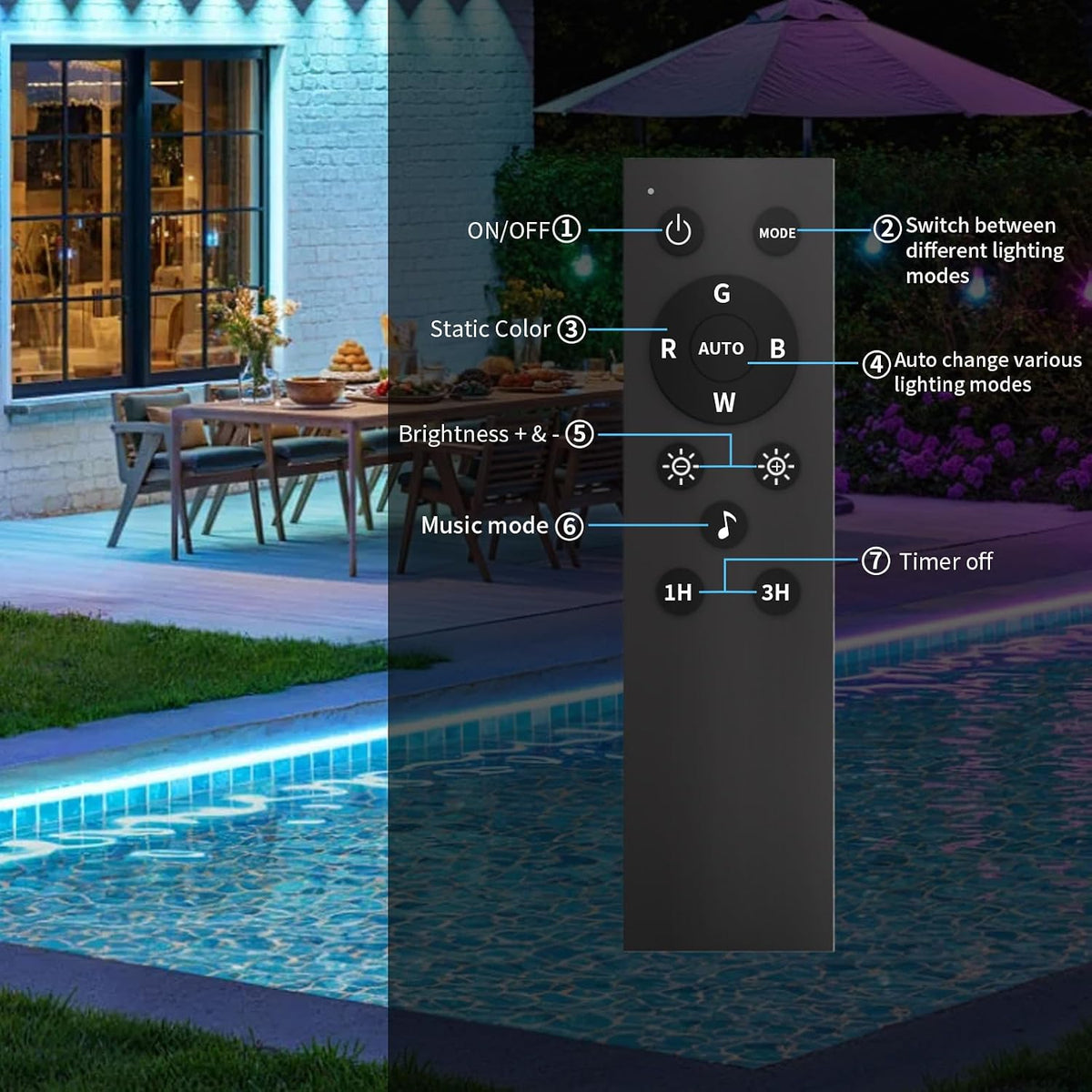KSIPZE 50ft Outdoor led Strip Lights Waterproof IP68, RGB Outdoor led Lights with Button & Bluetooth App Control, Music Sync, Timer, Exterior Led Rope Lights for Decor Balcony, Roof, Garden, Pool