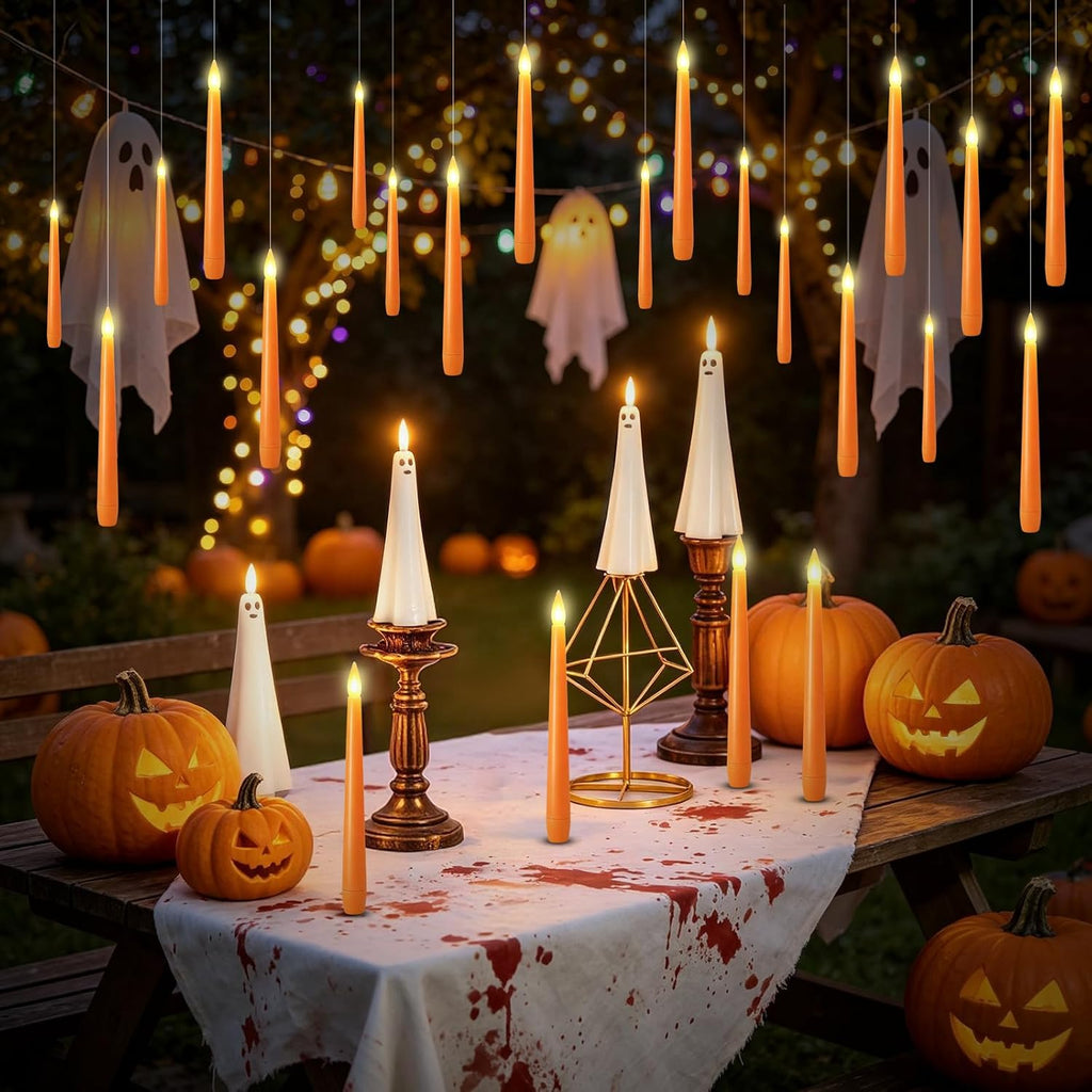 kakoya Flameless Floating Candles with Wand，20 Pcs Magic LED Hanging Taper Candles，Flickering Battery Operated Taper Candle with Wand Remote for Halloween Decorations Best Gift(Orange)