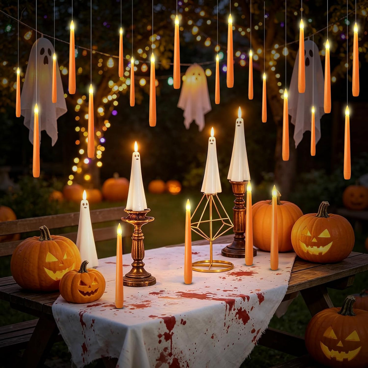 kakoya Flameless Floating Candles with Wand，20 Pcs Magic LED Hanging Taper Candles，Flickering Battery Operated Taper Candle with Wand Remote for Halloween Decorations Best Gift(Orange)