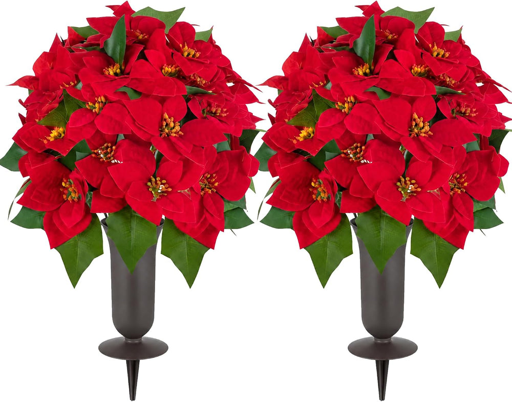 Christmas Cemetery Flowers for Grave: Poinsettia, 2 Pcs with Vase