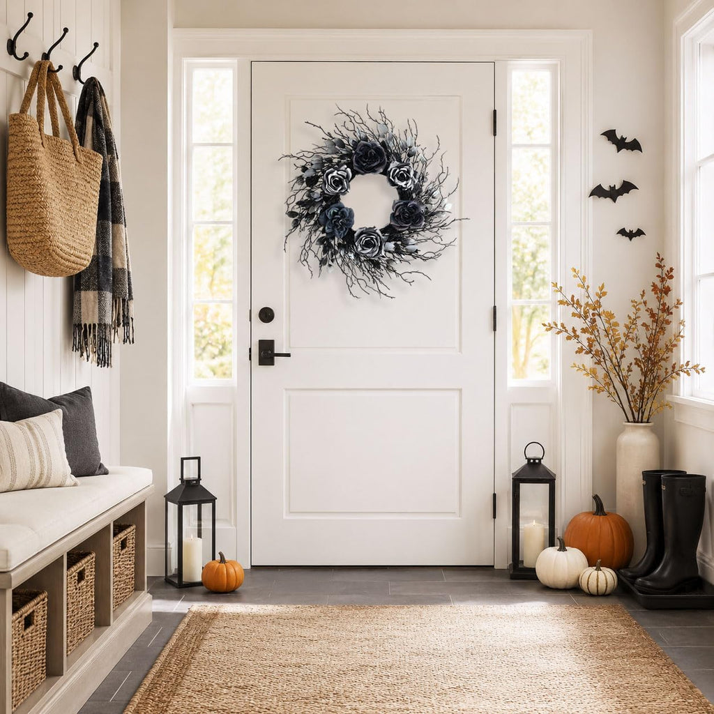 22 inch black and silver halloween wreath with, close-up detail