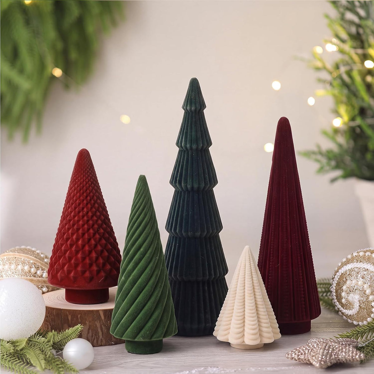 Weysat Red Green White 5 Pcs Neutral Christmas Velvet Cone Trees Set