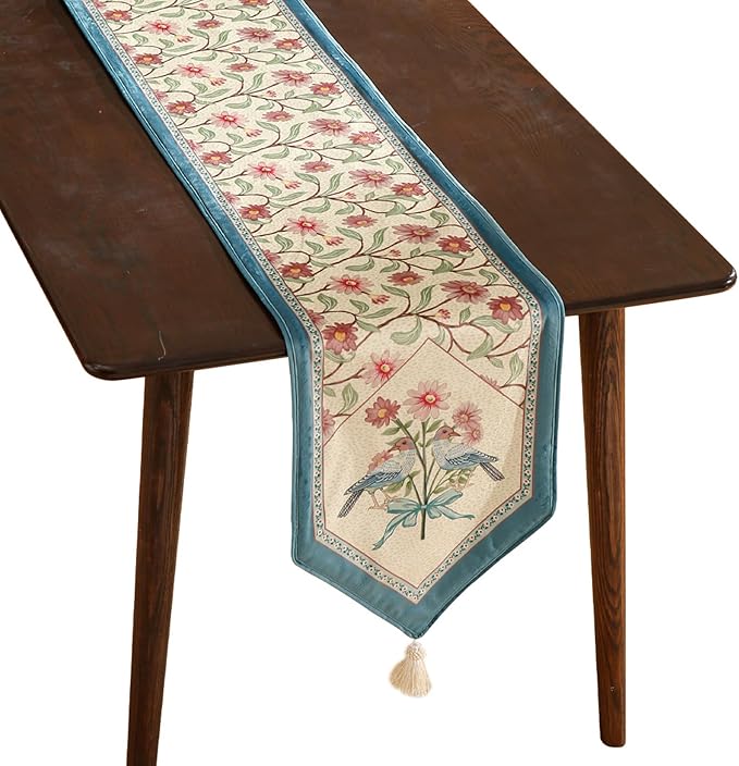 patdrea Designer French Elegant Wild Flowers Velvet Table Runner 71 Inch Long, Beige Pink Floral Pattern Table Mat, Decoration for Kitchen Dining Coffee Table Cabinet Banquet Thanksgiving,12"*71"
