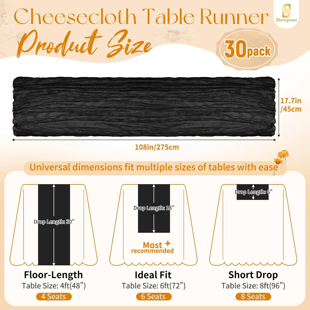30 Pack Black Cheesecloth Table Runner 17x108 Inches Boho Home Decor