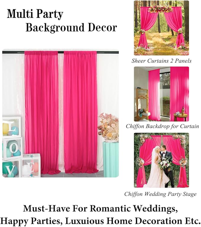 DUOBAO Hot Pink Chiffon Backdrop Curtains - 2 Panels 29"x96" - Wedding Sheer Backdrops for Elegant Living Room Voile Window Drapes Photography Wedding Ceremony Decor