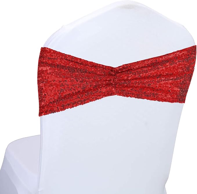 SquarePie Pack of 100 Chair Sashes Sparkly Red Sequin Bands for Wedding Party Banquet Home Decor