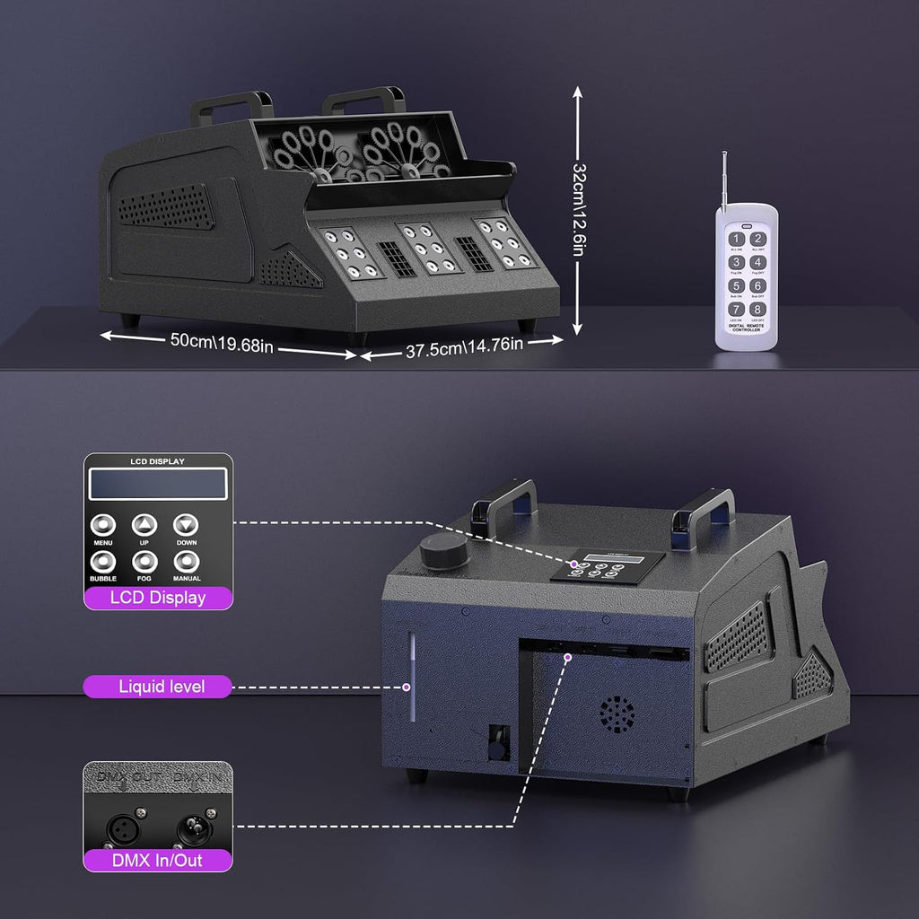 2000w fog machine, 3 in 1 fog bubble on a desk or shelf