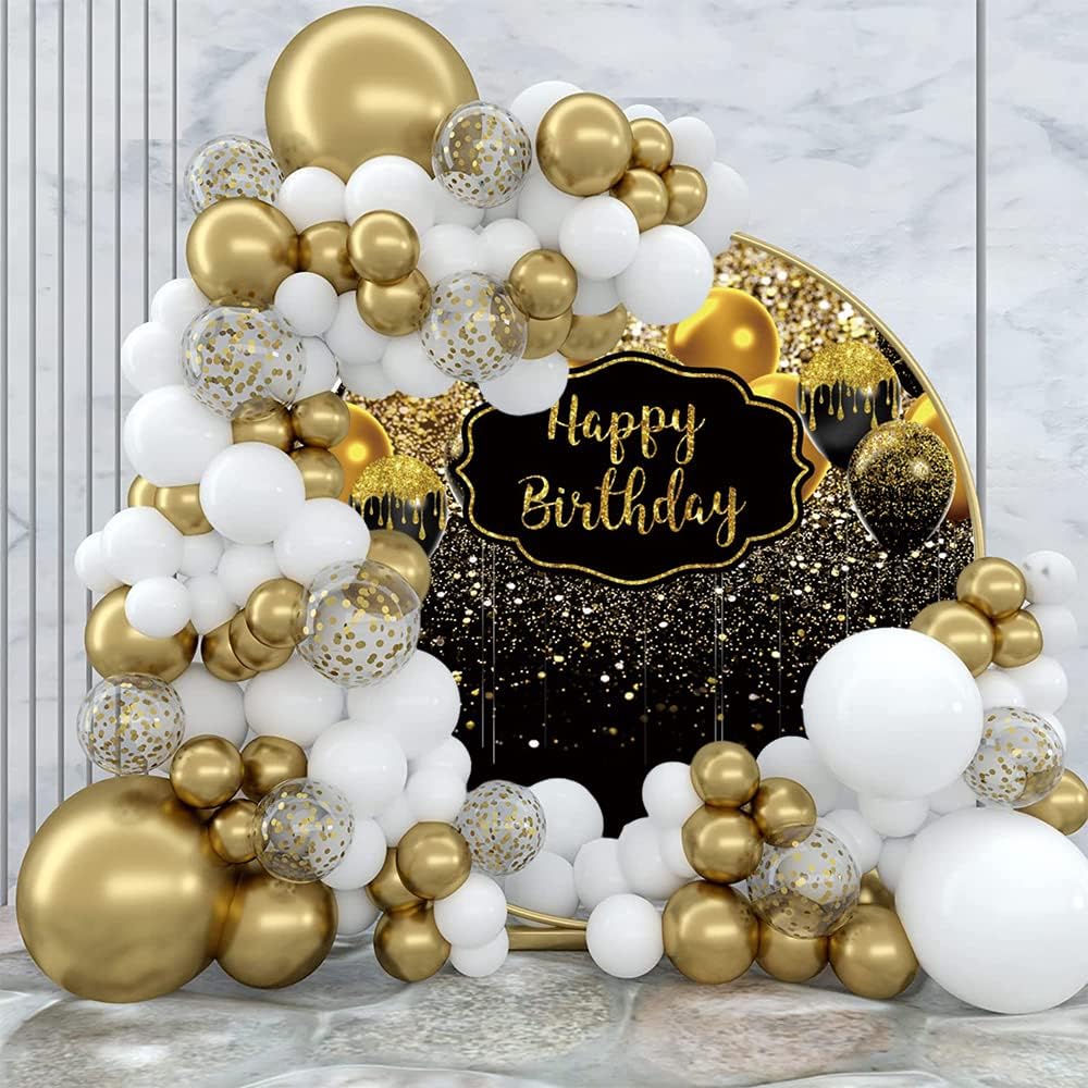 6.5x6.5ft Happy Birthday Round Backdrop Cover Black and Gold Bokeh Sequin Spo...