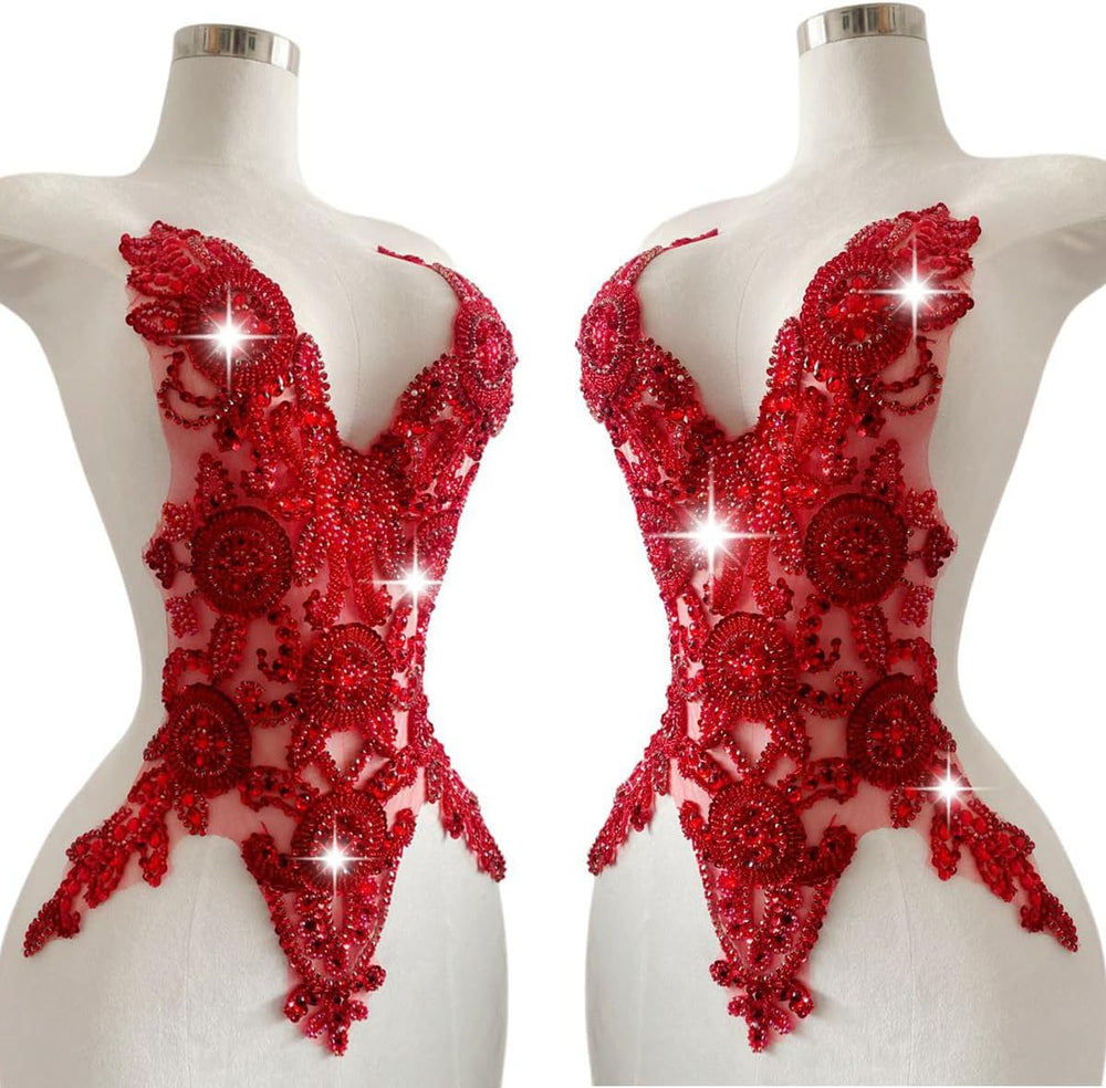 Pure Handmade Bodice lace Rhinestones Applique Sewing Stones Beads Crystal Tr...