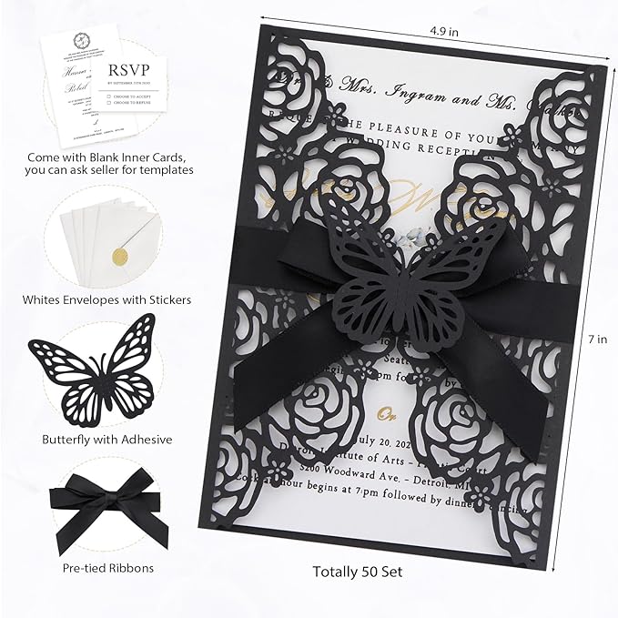 50pcs Black Wedding Invitation Kit Butterfly Laser Cut Invittations Pocket with Blank Inner Sheets and Envelopes for Wedding Anniversary Quinceañera Birthday Party Invites 4.9x7''