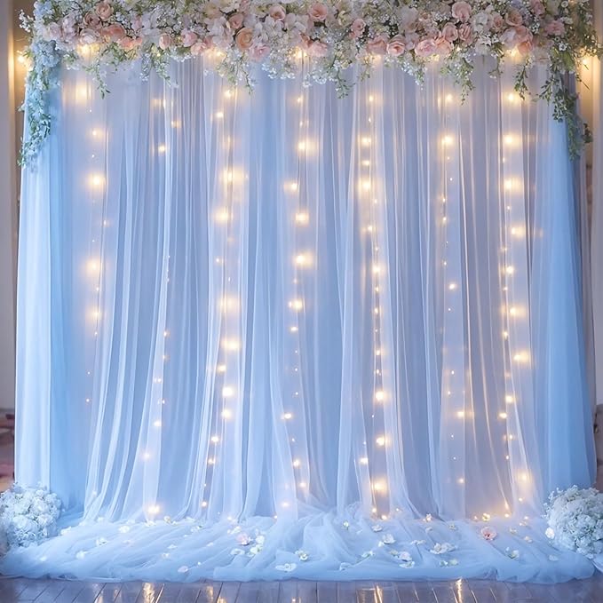 Blue Tulle Backdrop Curtains with Lights String for Parites Baby Shower 20×10ft Blue Sheer Backdrop Curtains Drapes for Bridal Shower Birthday Party Photo Shoot Background Decorations(4 Panels 5×10ft)