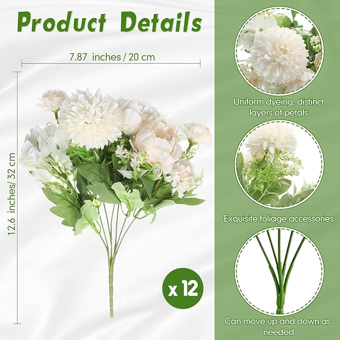 Tigeen Artificial Flowers Artificial Peonies Silk Flowers Faux Peony Fake Peony Silk Hydrangea Bouquet for Wedding Table Centerpiece Floral Vase Decor(White,24 Bundles)