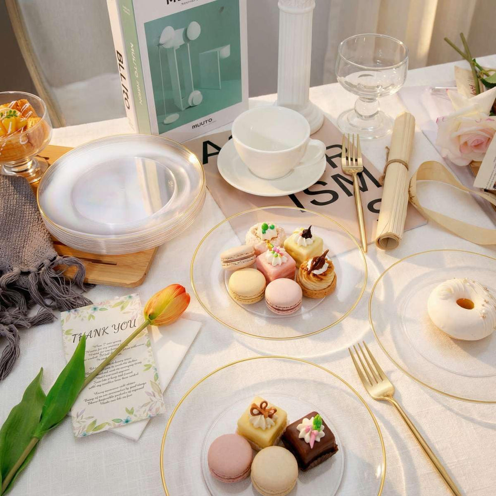 200Pcs Clear Gold Dessert Plates With Plastic Gold Forks, 100pcs 7.5inch Plat...