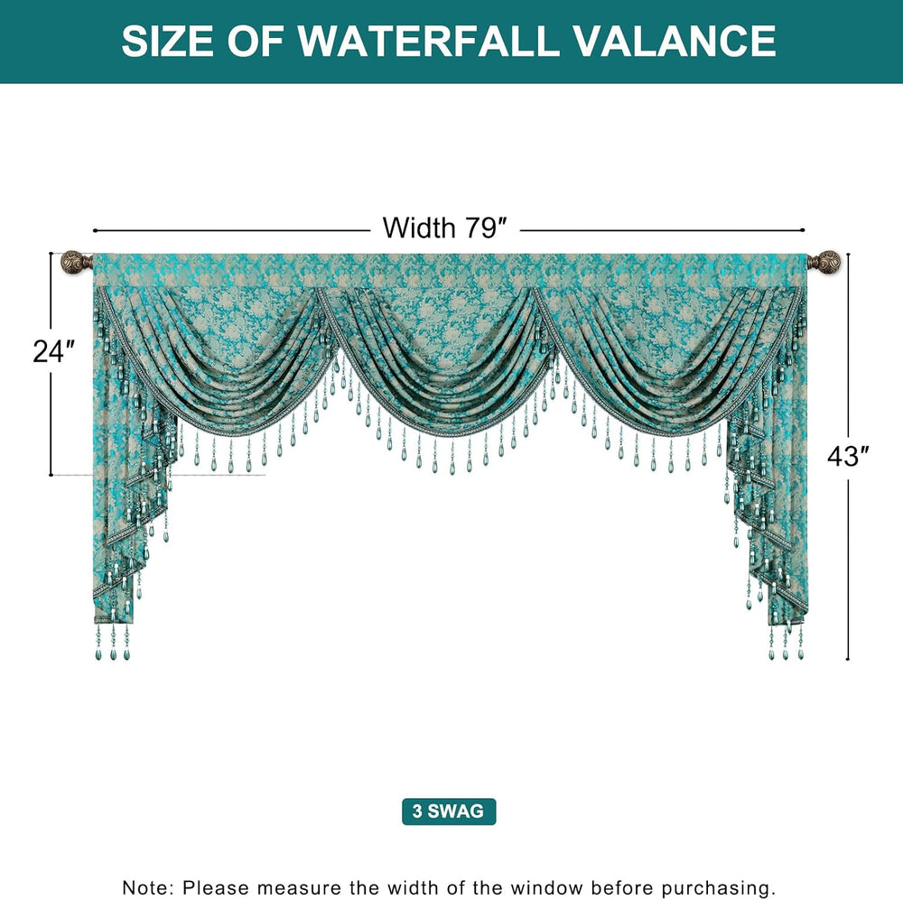 Victorian Damask Jacquard Waterfall Valance, 79 x 43, Teal Blue