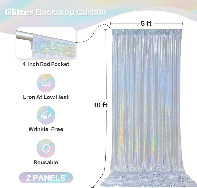 gogoparti 10x10FT Laser Silver Sequin Backdrop Curtain - 2 Panels of 5x10FT Wrinkle-Free Glitter Drapes for Photography, Birthdays, Weddings & Graduations