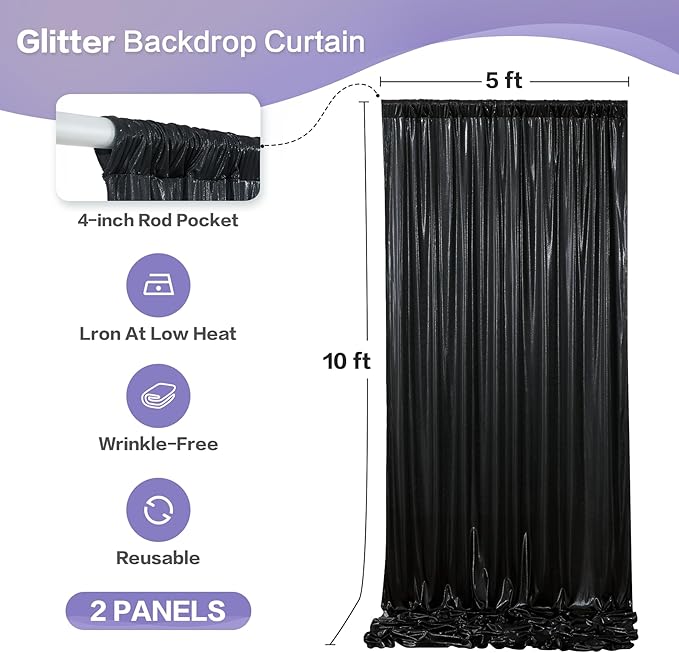 gogoparti 10x10FT Black Sequin Backdrop Curtain - 2 Panels of 5x10FT Wrinkle-Free Glitter Drapes for Photography, Birthdays, Weddings & Graduations