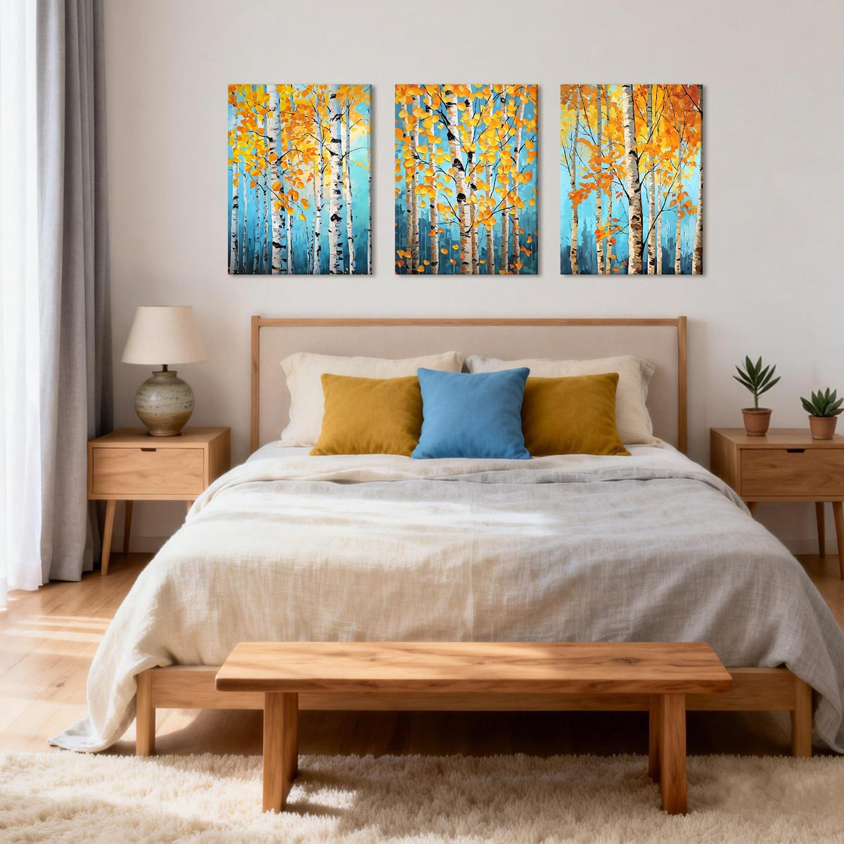 eeynaqq birch tree wall art, 3-piece teal blue, close-up detail