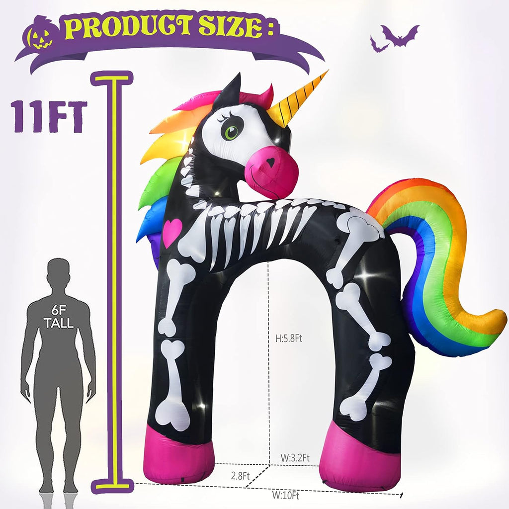 11ft giant halloween inflatables arch, rainbow skeleton unicorn shown in use