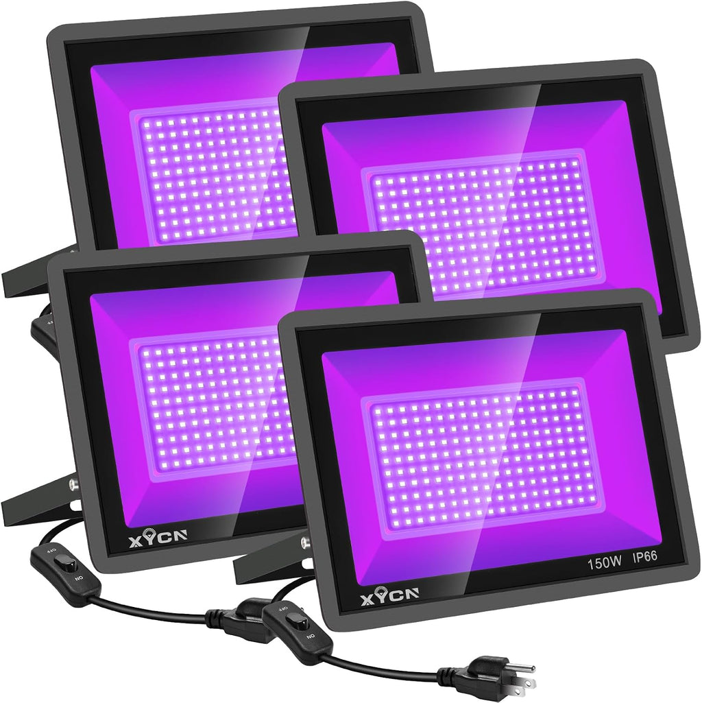 XYCN 4 Pack 150W LED Flood Black Lights,395nm to 405nm UV Outdoor Flood High Power Blacklight Light with Plug in, IP66 Waterproof Large Black Light Spotlight for Glow Party Large Space, Halloween