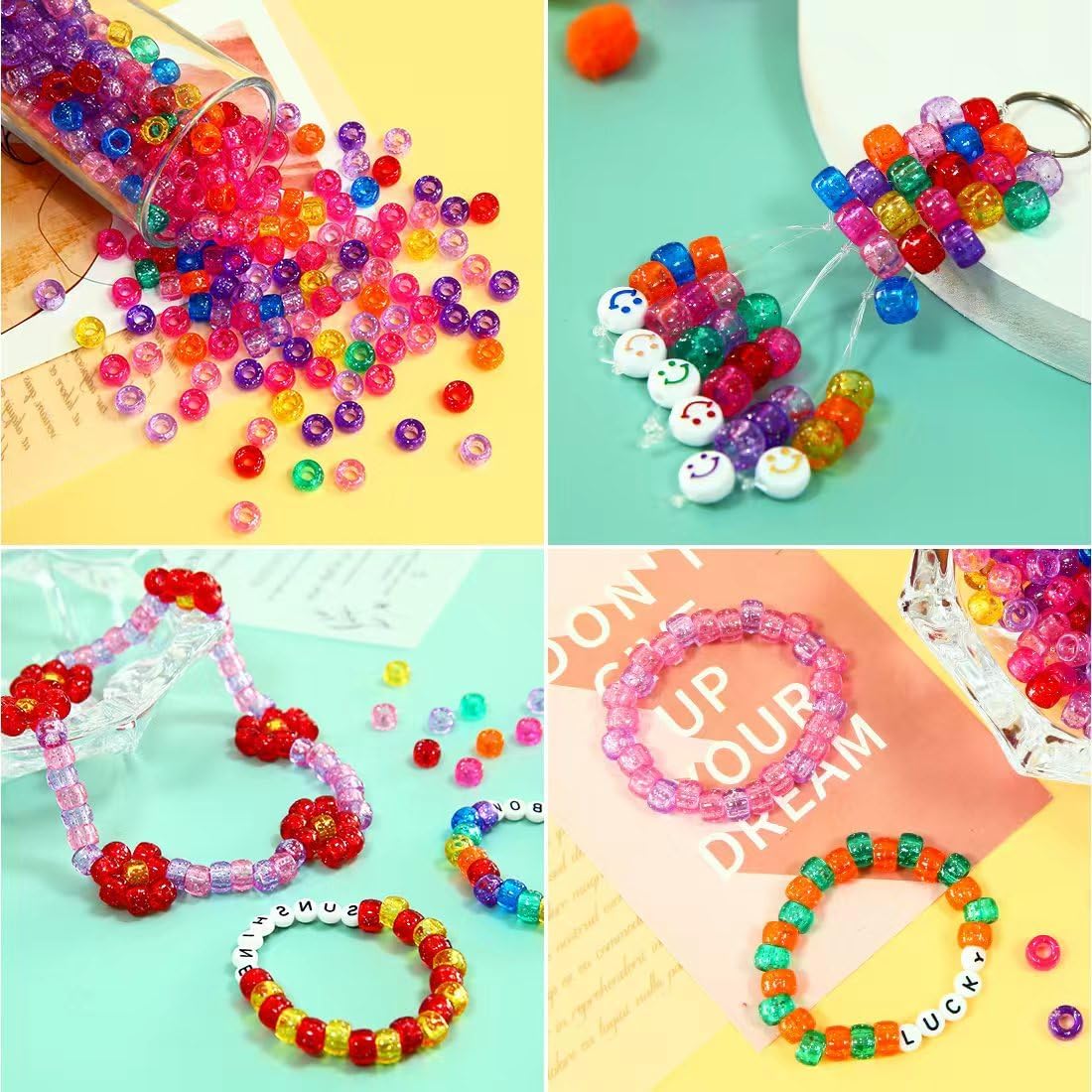 iooleem pony beads(8000pcs glitter), beading supplies, friendship bracelets showing dimensions