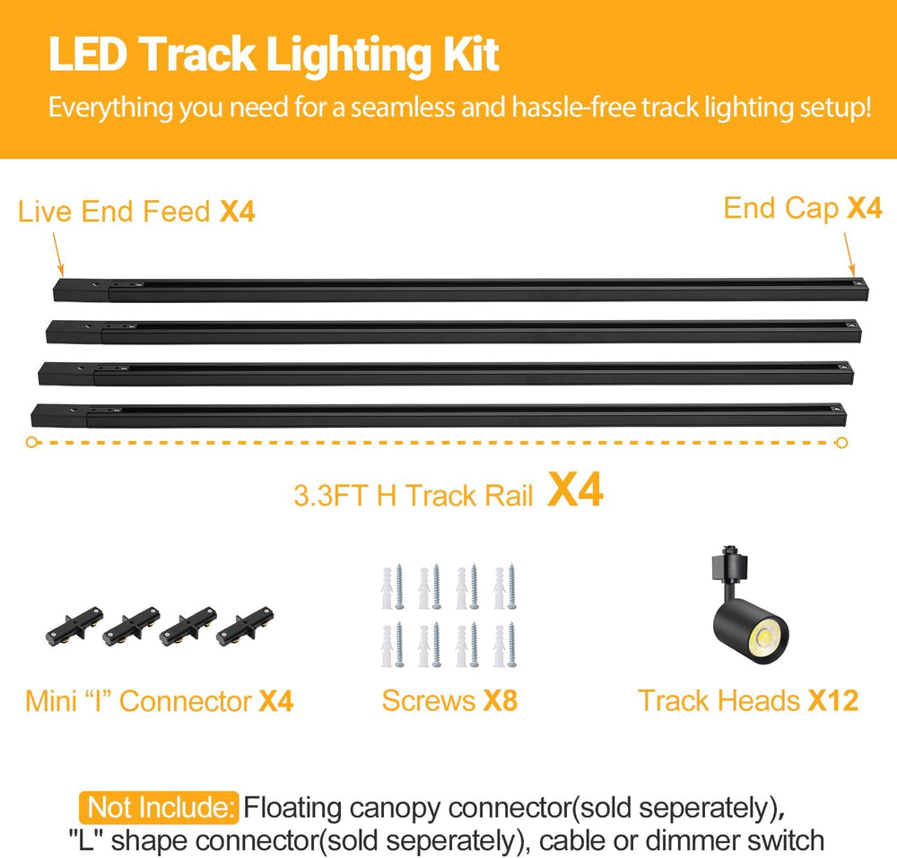 12-Light LED Track Lighting Kit with 13FT H Type Track Rail, Black