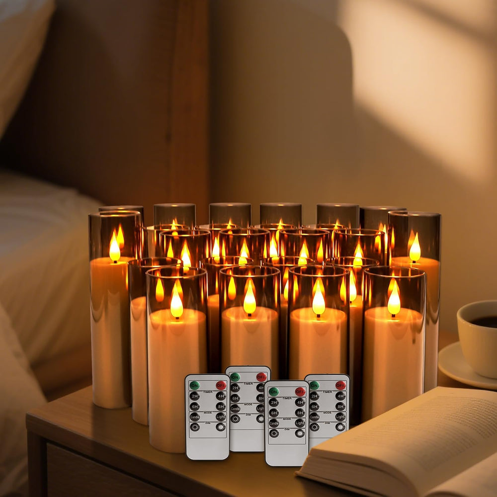 24 Pack LED Gray Flameless Candles with Remote, 3D Flickering Battery Operate...