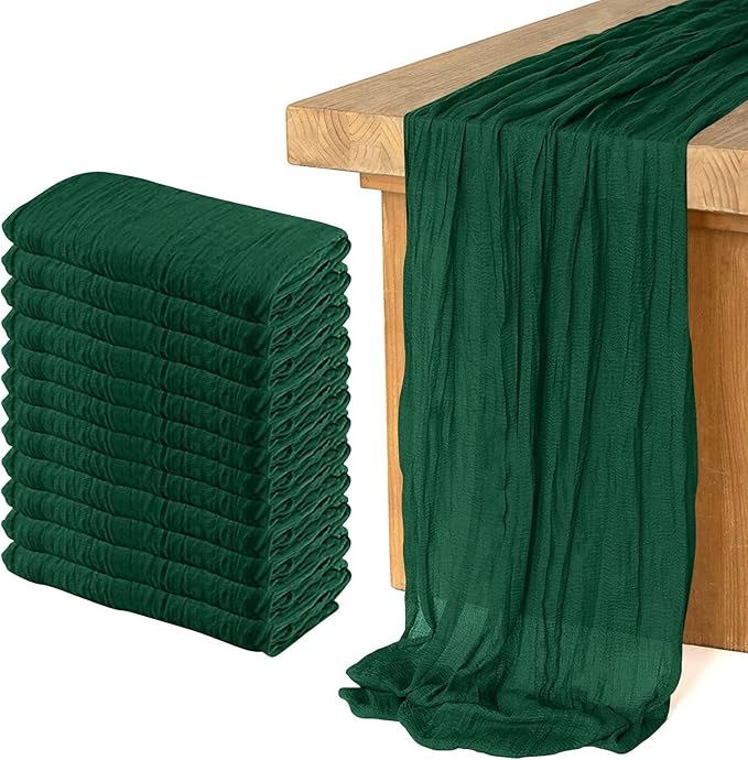 12 Pack Cheesecloth Table Runner 10Ft Christmas Gauze Boho Table Runners for Wedding Decor Bridal Shower Decorations Baby Shower Party(35" x 120")(Emerald Green)