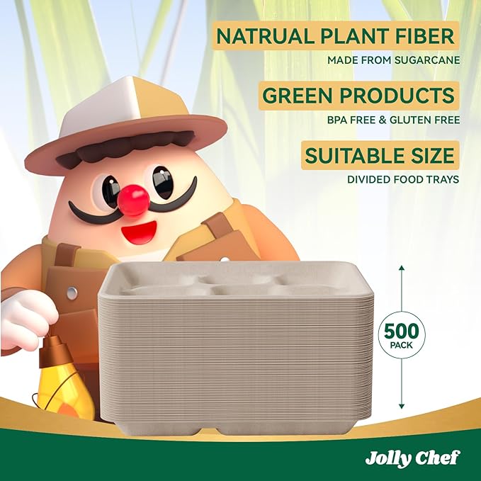 JOLLY CHEF Compostable 𝟱 Compartment Paper Plates 𝟭𝟭 * 𝟴 𝗶𝗻𝗰𝗵 [𝟱𝟬𝟬 𝗣𝗮𝗰𝗸] Heavy Duty Natural Divided Disposable Eco-Friendly Biodegradable Containers Food Trays for Dinner Lunch Buffet (500 Pack)