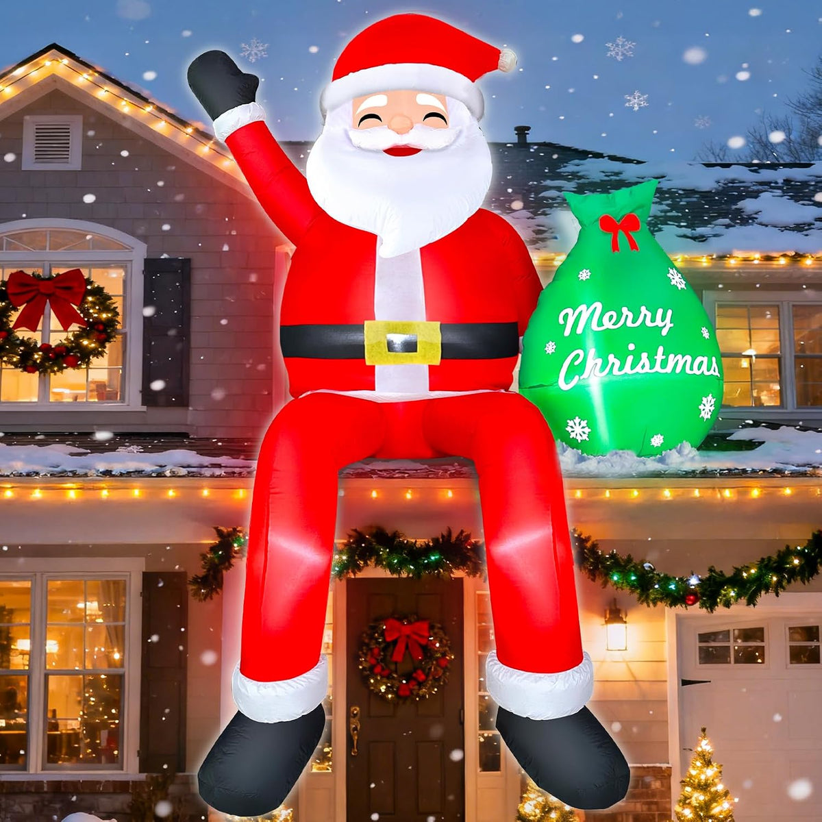 8ft santa claus sitting on the roof christmas shown in use