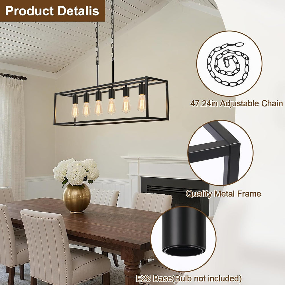 6 Light Black Chandeliers for Dining Room, Adjustable Height Linear Chandelie...