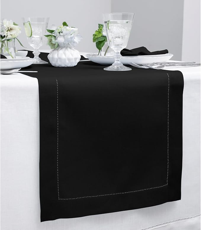 Solino Home Linen Black Table Runner 36 Inches - Classic Hemstitch, 100% Pure Linen Coffee Table Runner 14 x 36 Inch Ideal for Dresser Tables - Fall, Autumn, Halloween, Thanksgiving, Holiday