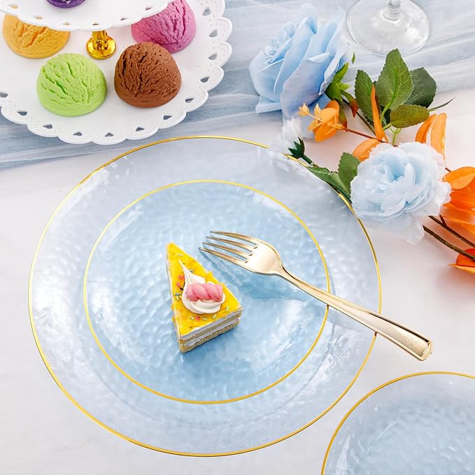 Rubtlamp 175 Pcs Plastic Dinnerware Set (25 Guests), Blue Disposable Plates With Gold Rim, Hammered Party Plates Set Include Dinner Platos, Dessert Platos, Cups, Cutlery And Napkins for Party