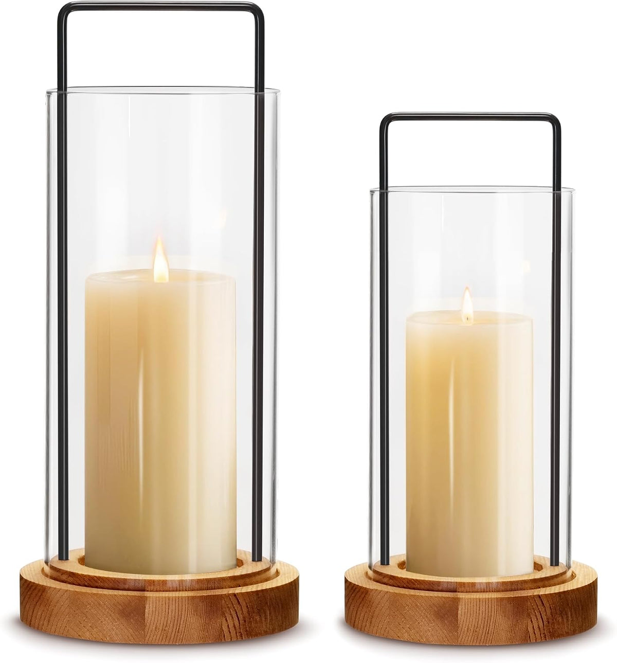 Houmury Set of 2 Hurricane Candle Holders Lantern 12” & 10”with Wood Base Metal Handle Glass Cylinder Modern Farmhouse Decor for Home Decoration, Table Centerpieces (Warm Amber Brown)