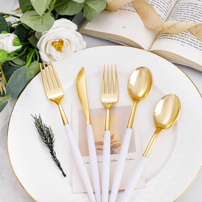 I00000 300 Pcs Gold Plastic Silverware - Gold Disposable Silverware - Premium White Cutlery Set Include 100 Forks 100 Knives 100 Spoons,Plastic Cutlery Party Set for Party & Wedding