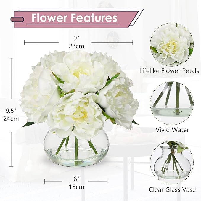 Hollyone Fake Flowers White Peonies Artificial Flowers Faux Flowers with Vase Peony Silk Flower Arrangements in Glass Vase with Faux Water for Home Decor Bathroom Table Centerpiece Shelf Decorations