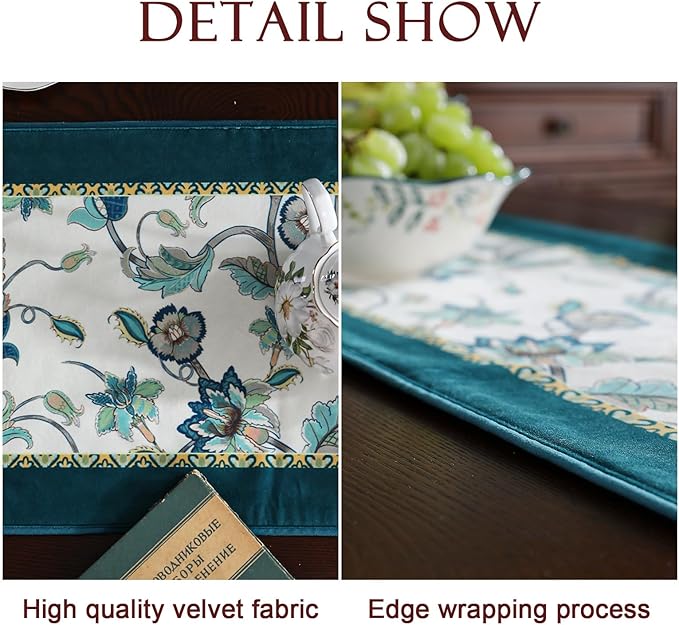 patdrea Designer Elegant French Floral Velvet Table Runner, Teal with Blossoms Pattern Table Mat, Decoration for Kitchen Dining Coffee Table Shelf Cabinet Banquet Thanksgiving,12"*87"