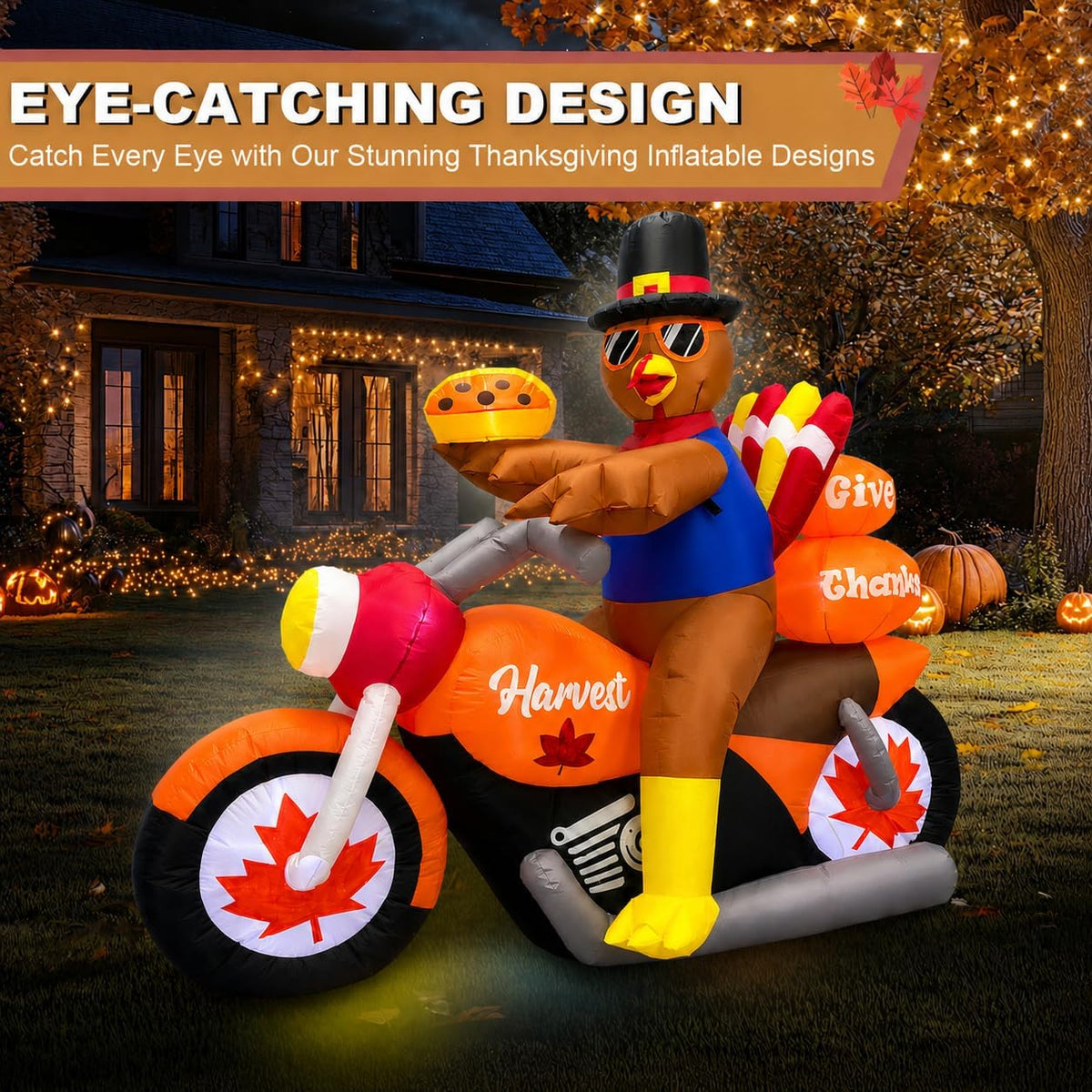 6.3ft long thanksgiving inflatable turkey riding motorcycle outdoor, side view