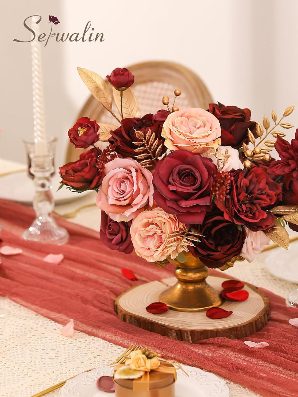 Burgundy Pink Artificial Flowers, Fake Silk Flowers for Wedding