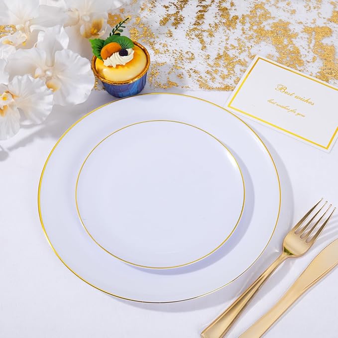 KIRE 175PCS Gold Plates Disposable - Heavy Duty White and Gold Plastic Plates Dinnerware Sets - 25 for Dinner 25 for Dessert 25 Pre Rolled Napkins and 25 Cups for Birthday/Thanksgiving Party/Wedding
