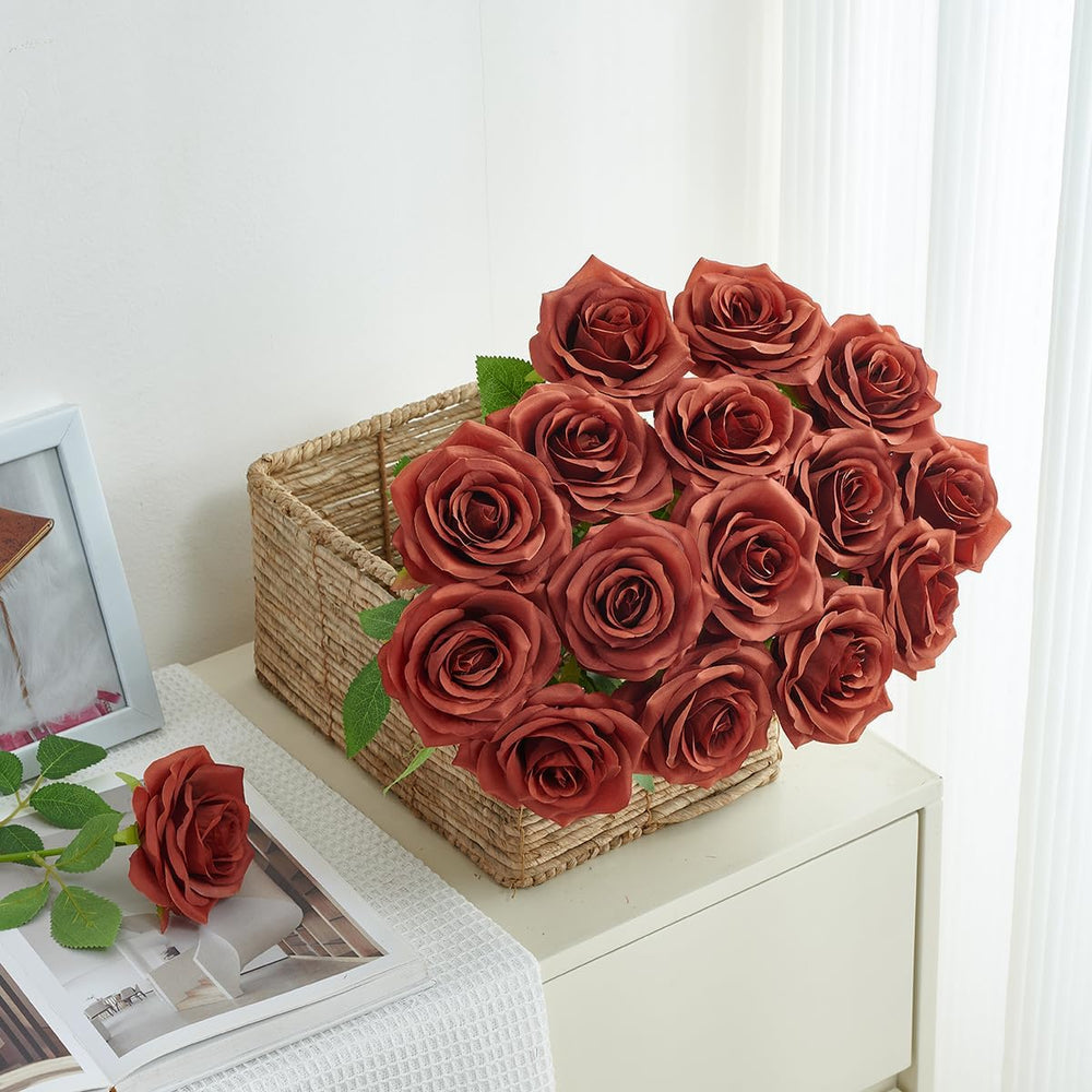 50pcs Burnt Orange Roses Artificial Flowers Bulk,Fake Roses Silk Flower with ...