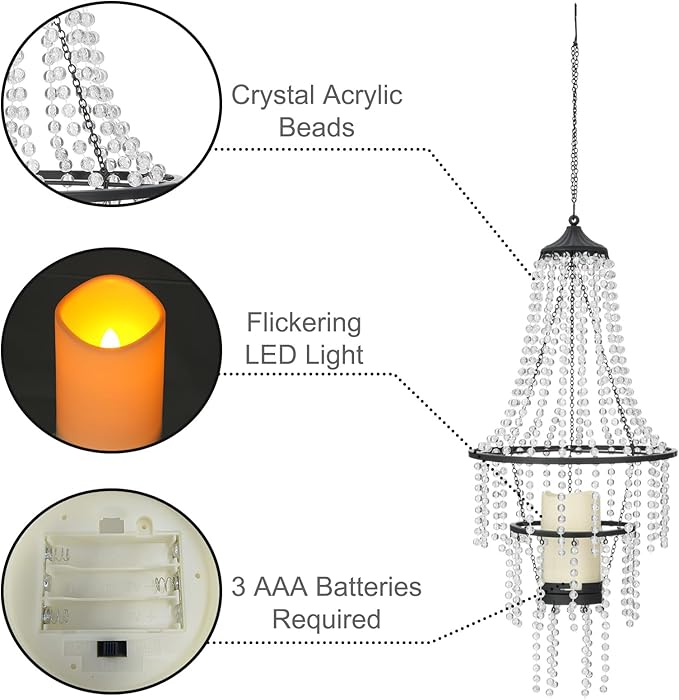 Battery Operated Hanging Chandelier Outdoor Indoor, 28” Modern Acrylic Crystal Hanging Beaded Lantern with Led Candle Light, Pendant Lights Decor for a Gazebo, Garden, Backyard, Patio, Balcony, Porch