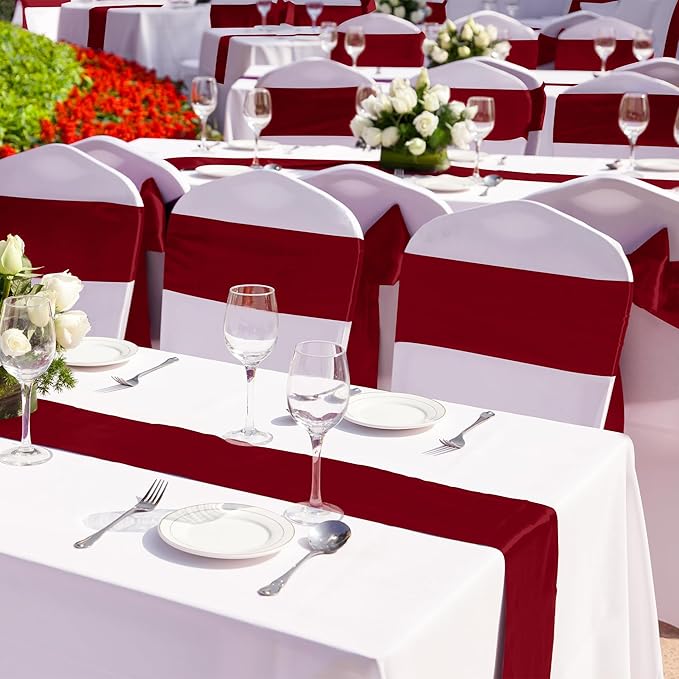 Aneco 16 Pack Satin Table Runner 12 x 108 Inch Burgundy Long Wedding Satin Silk Table Runner for Wedding Banquet Graduations Birthday Party Decoration