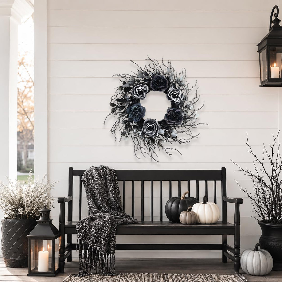 22 inch black and silver halloween wreath with, side view