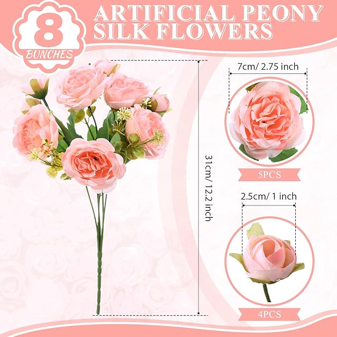 8 Bundles Artificial Peonies Flowers Boho Faux Flowers Arrangements Artificial Centerpiece Spring Bouquet Floral Wedding Decoration for Vase(Light Pink)