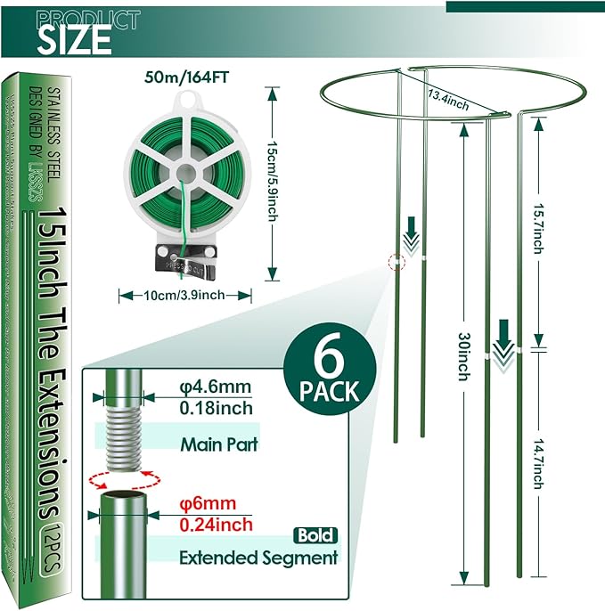 6 Pack 30 inch Plant Support Stakes, Heavy-Duty Half Round Peony Support, Garden Plant Stakes Cage for Outdoor Plants, Peony, Tomato, Hydrangea, (15In Support +15In Stainless Extension Tubes)