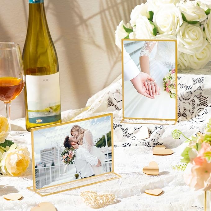 Hoteam 24 Pack 5 x 7/7 x 5 Clear Acrylic Sign Holder with Gold Border, Gold Picture Frame, Double Sided Wedding Table Number, Acrylic Menu Stands for Wedding Table, Restaurant Sign, Photos Display
